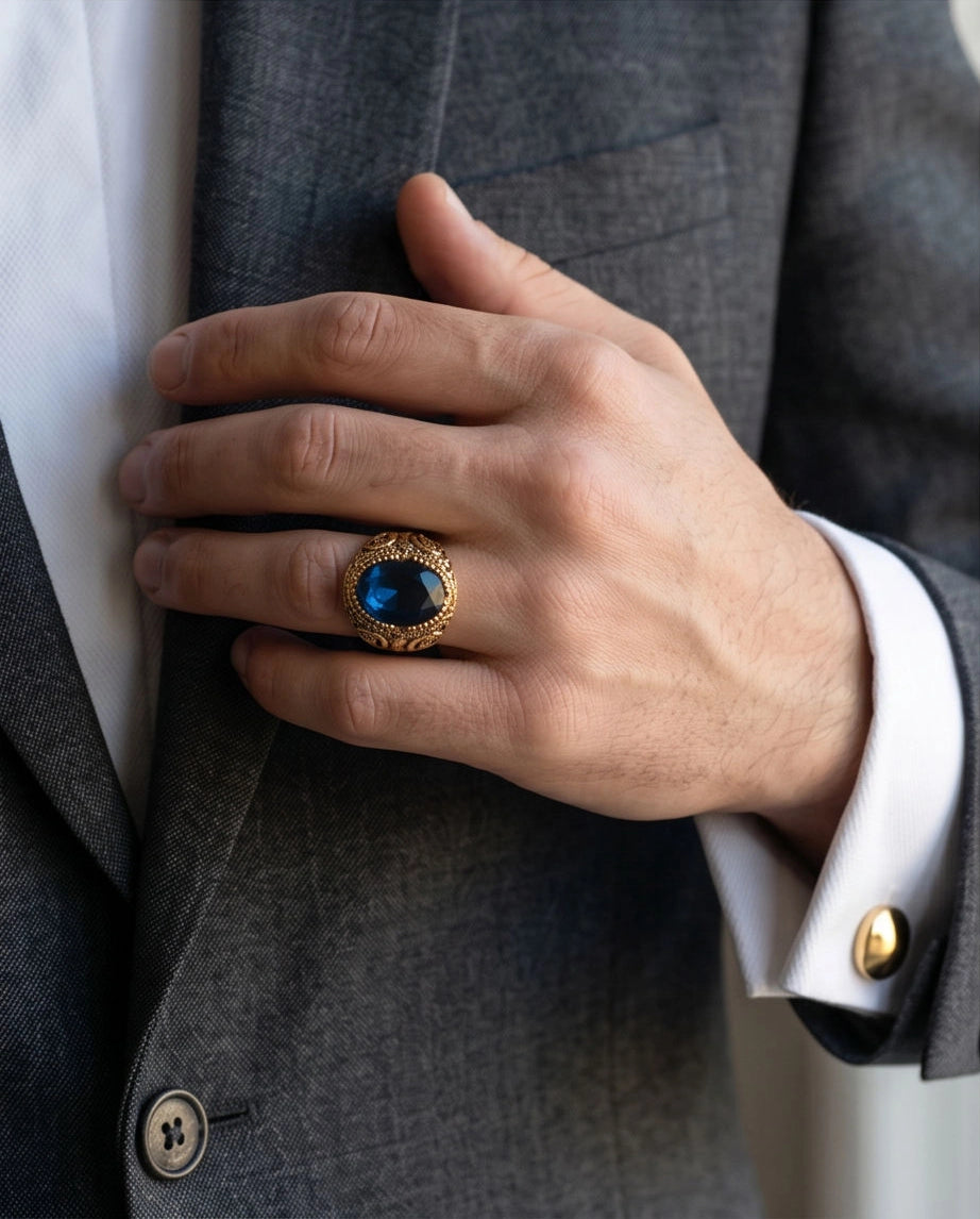 Antique Gold Oval Sapphire Scroll Signet Ring
