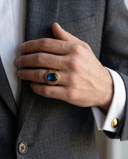 Antique Gold Oval Sapphire Scroll Signet Ring