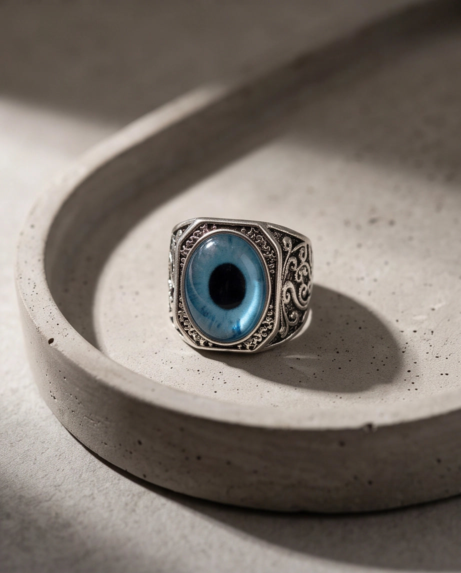 Cyan Sky-Blue Evil Eye Cabochon Gothic Filigree Silver Ring