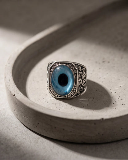 Cyan Sky-Blue Evil Eye Cabochon Gothic Filigree Silver Ring