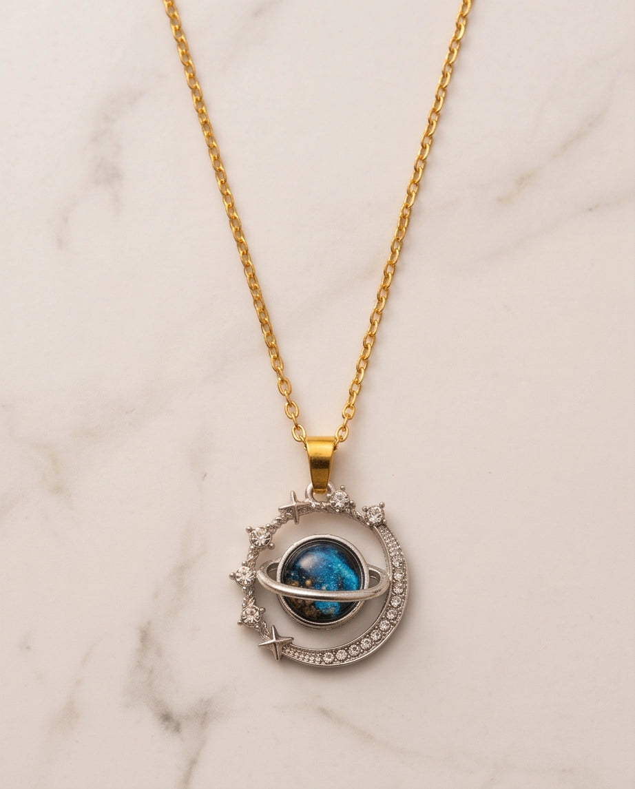 Silver Cosmic Galaxy Planet Crescent Pendant Necklace