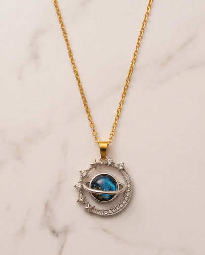Silver Cosmic Galaxy Planet Crescent Pendant Necklace