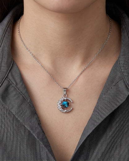 Silver Hammered Crescent Moon Galaxy Stone Pendant Necklace