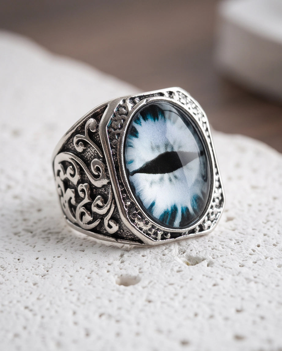 Frost Slit-Pupil Ornate Silver Ring