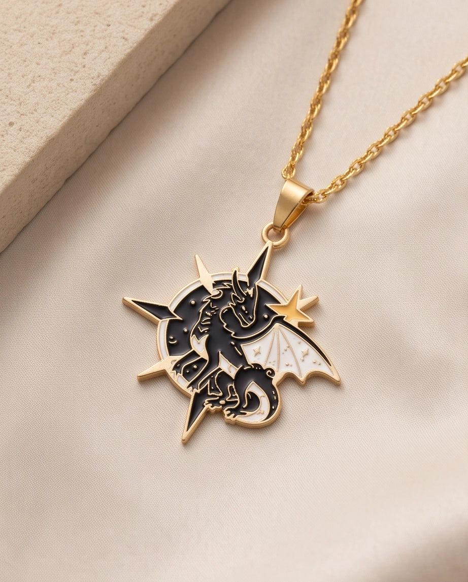 Gold Celestial Compass Dragon Black & White Enamel Pendant Necklace
