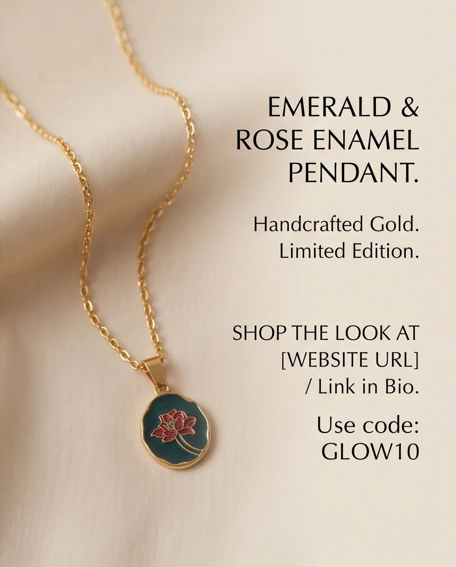 Gold Teal Lotus Enamel Medallion Chain Necklace