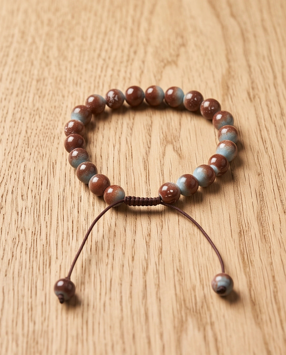 Earthy Rust & Teal Two-Tone Stone Beaded Adjustable Macrame Bracelet
