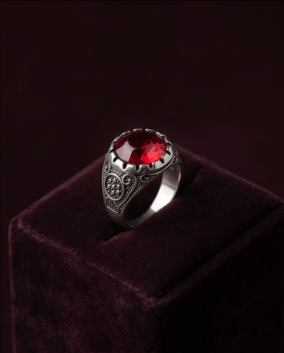 Crimson Monarch Silver Signet Ring