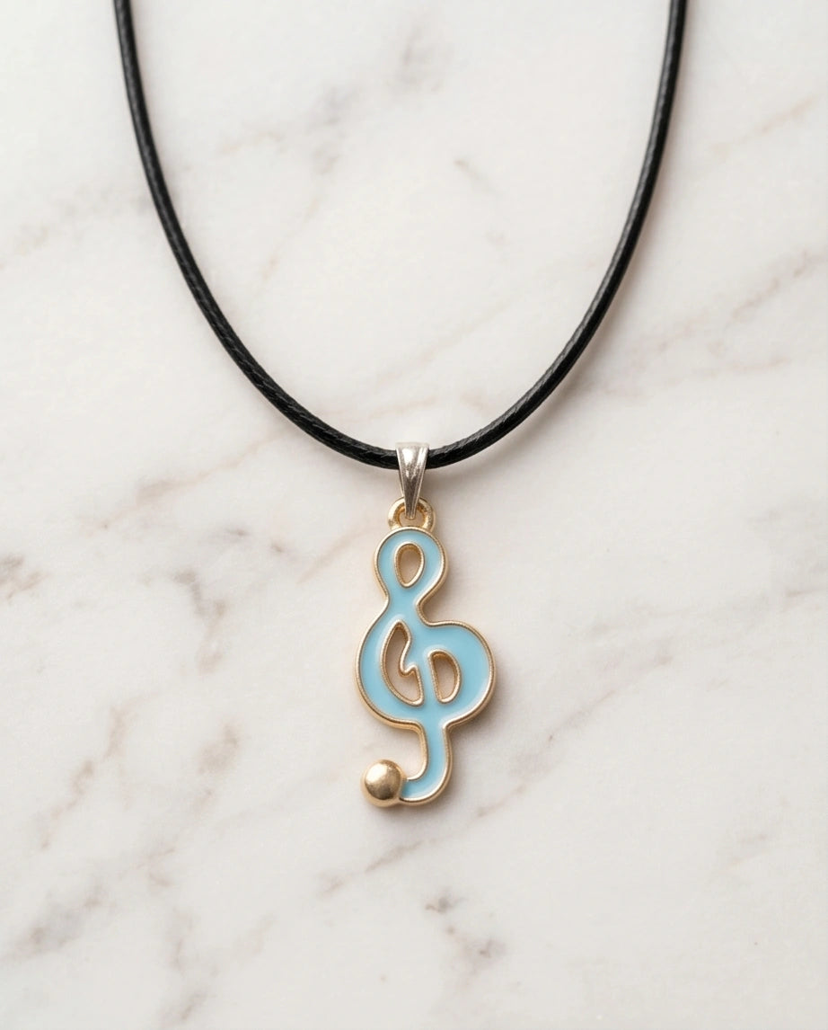 Gold and Light Blue Treble Clef Necklace