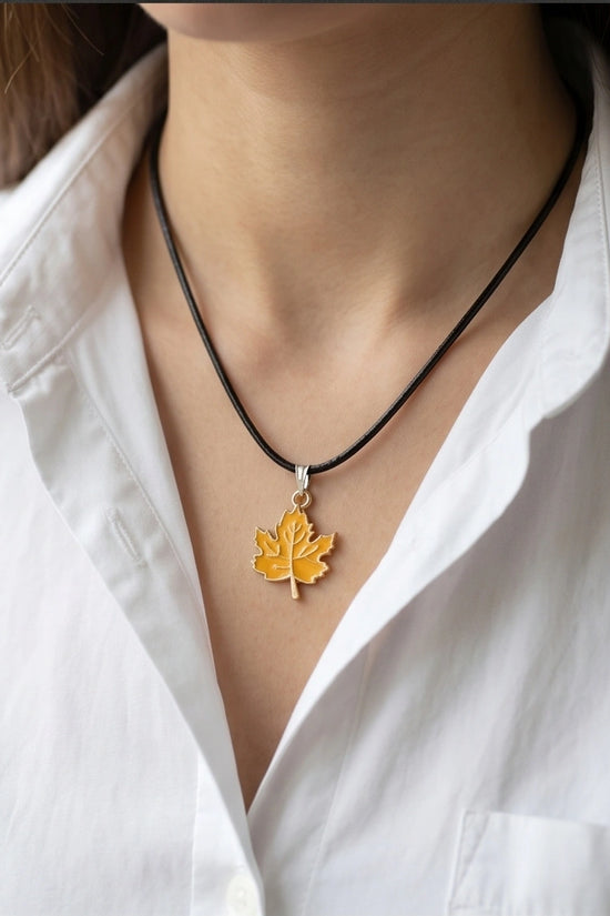 Golden Autumn Maple Leaf Enamel Pendant Necklace