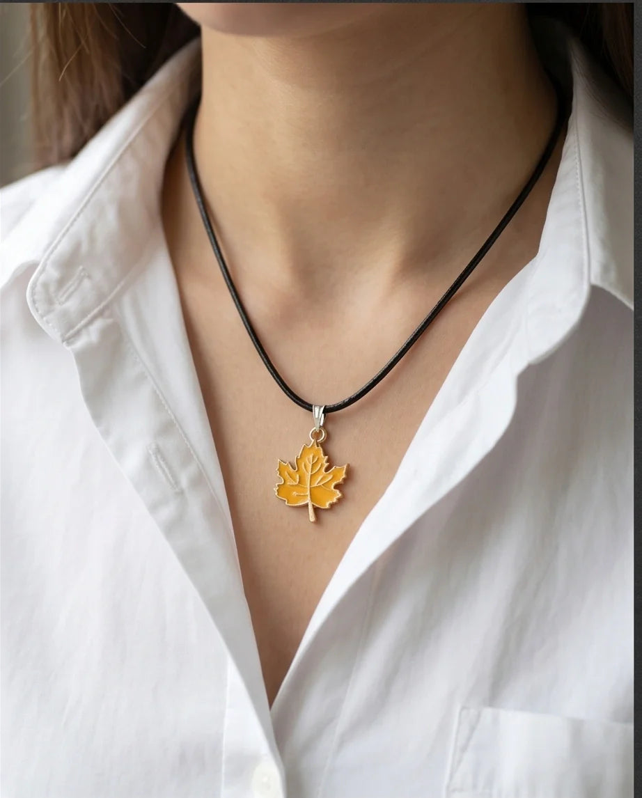Golden Autumn Maple Leaf Enamel Pendant Necklace
