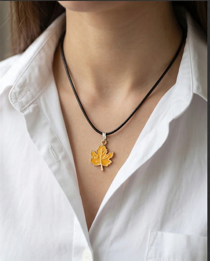 Golden Autumn Maple Leaf Enamel Pendant Necklace