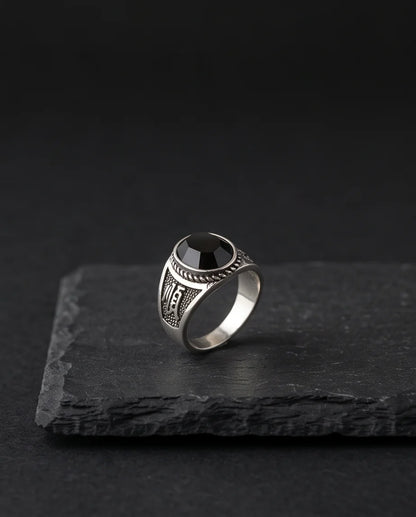Onyx-Style Faceted Oval Rope-Trim Kanji Character Silver Ring