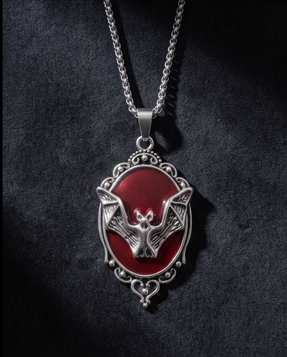 Antique Silver Gothic Bat Red Enamel Medallion Chain Necklace