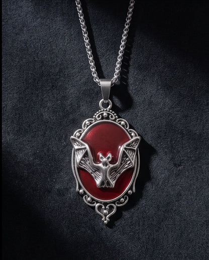 Antique Silver Gothic Bat Red Enamel Medallion Chain Necklace