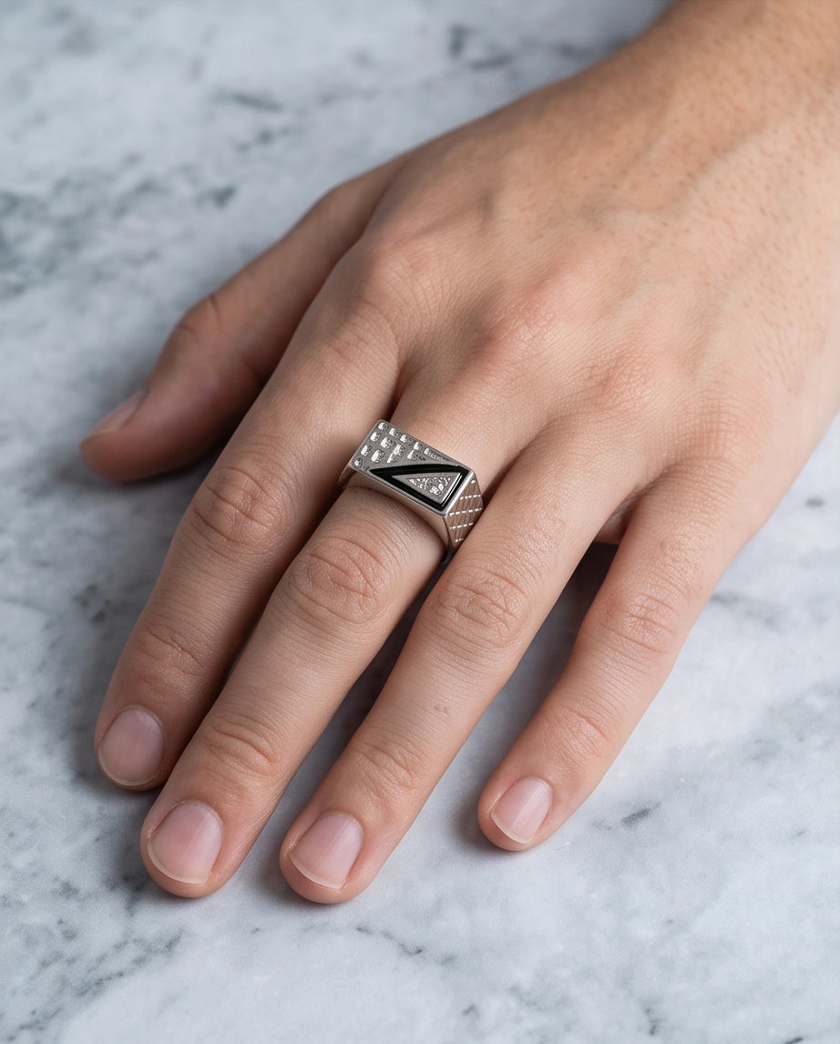 Split-Face Onyx & Clear Crystal Diamond-Mesh Silver Ring