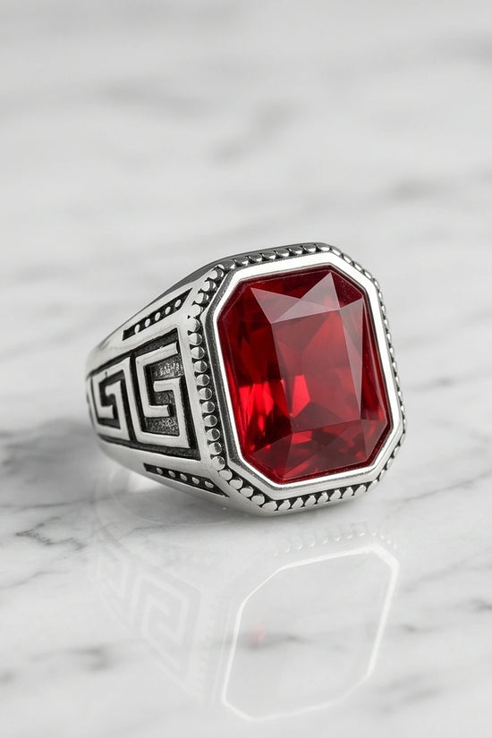 Vintage Greek Key Ruby Red Gemstone Ring