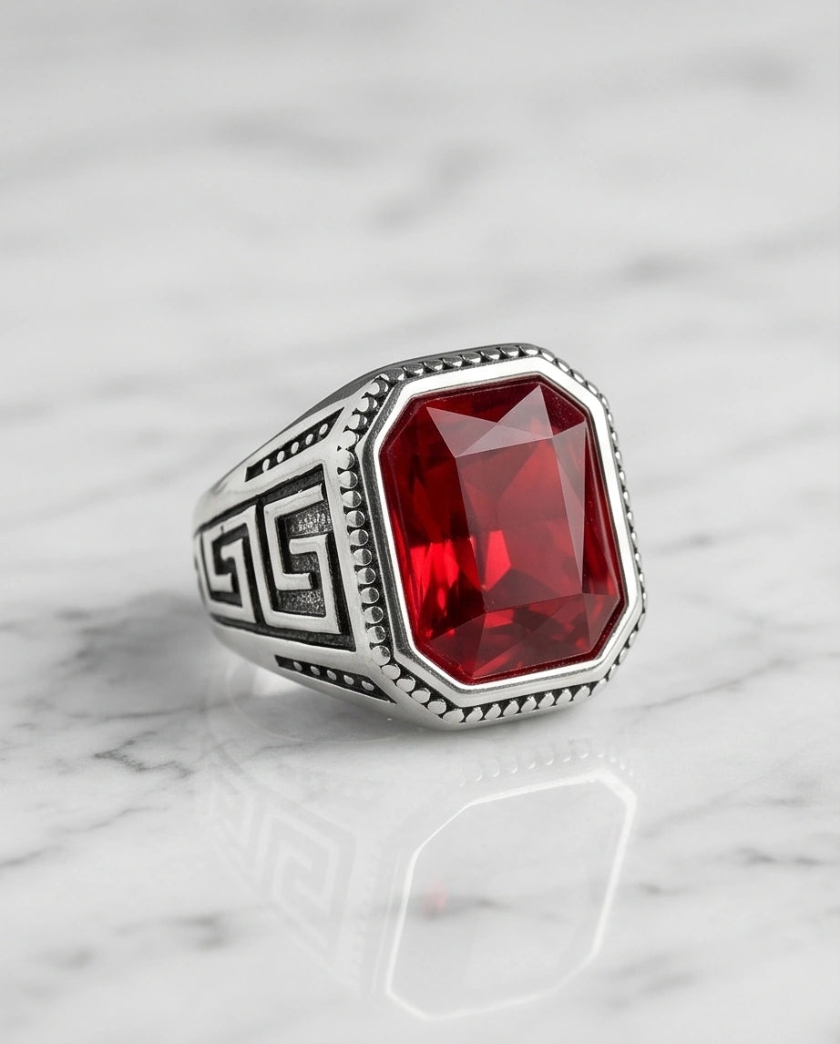 Vintage Greek Key Ruby Red Gemstone Ring