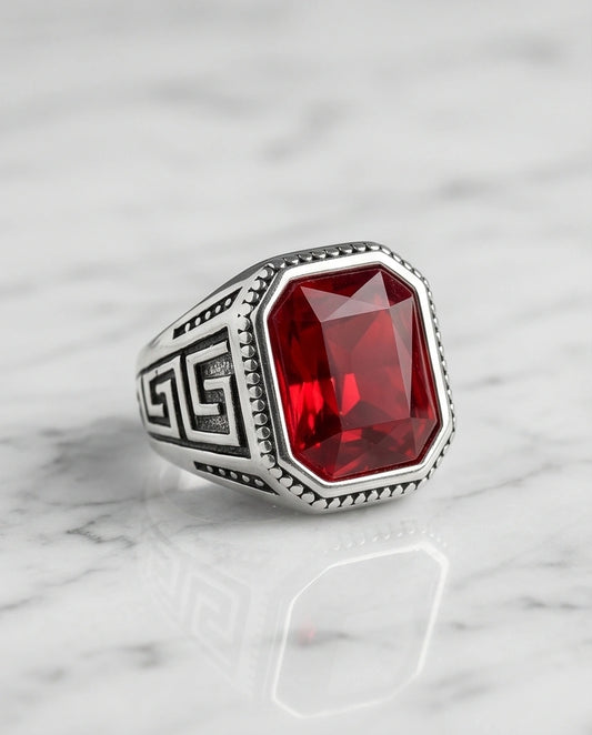 Vintage Greek Key Ruby Red Gemstone Ring
