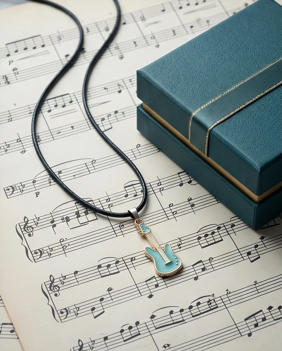 Gold and Turquoise Enamel Electric Guitar Necklace