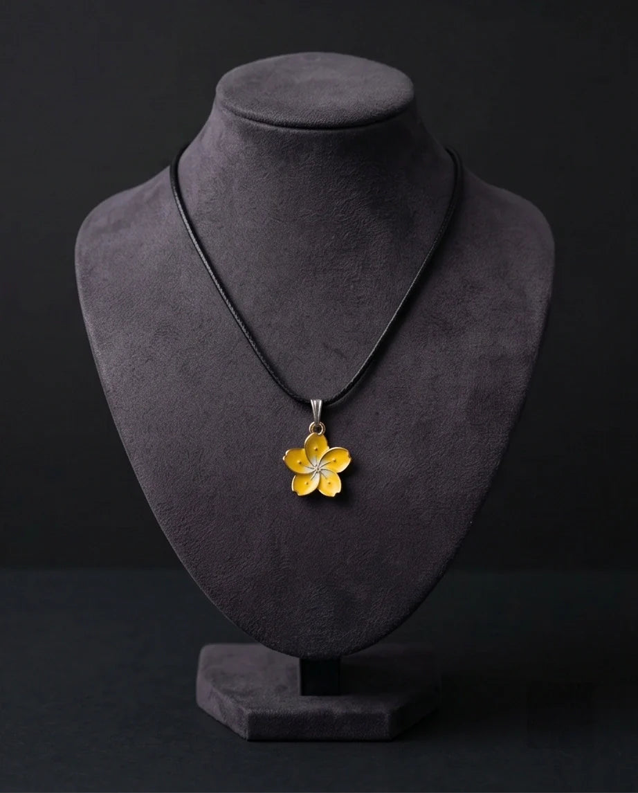 Mellow Yellow Cherry Blossom Enamel Pendant Necklace