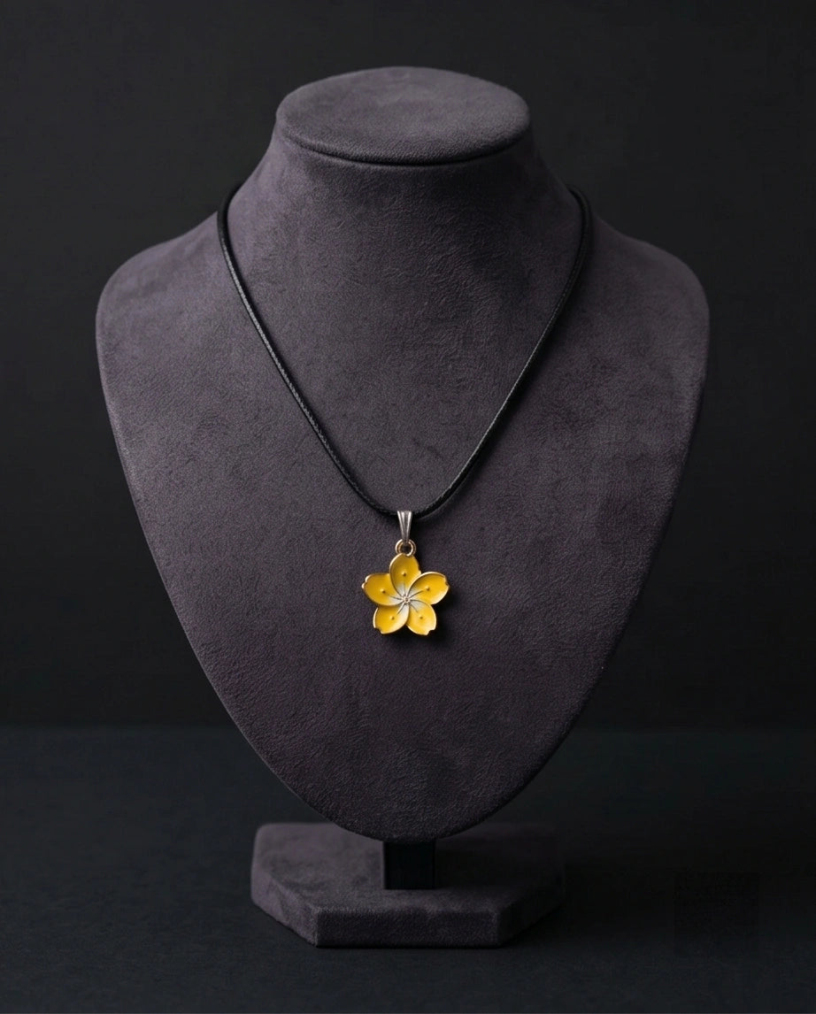 Mellow Yellow Cherry Blossom Enamel Pendant Necklace