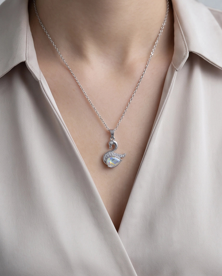 Silver Opaline Crystal Swan Pendant Necklace