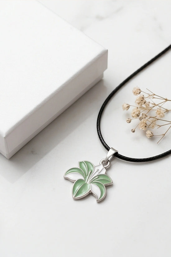 Elegant Green and White Lily Enamel Pendant Necklace