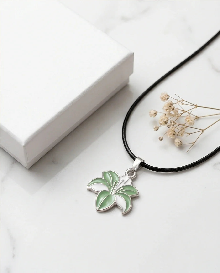 Elegant Green and White Lily Enamel Pendant Necklace
