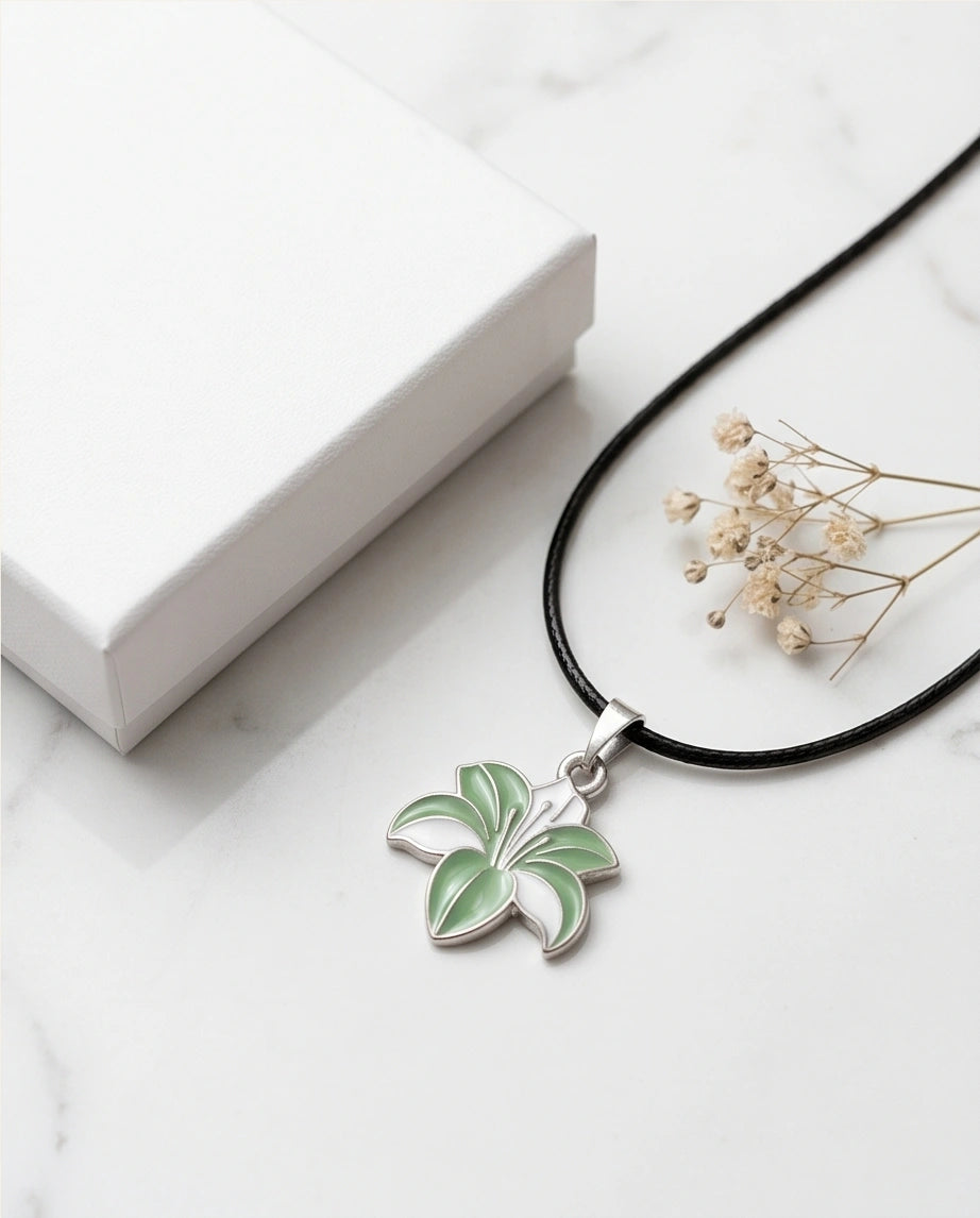 Elegant Green and White Lily Enamel Pendant Necklace