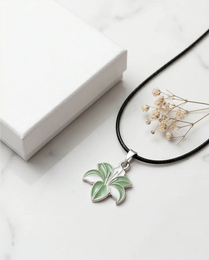 Elegant Green and White Lily Enamel Pendant Necklace