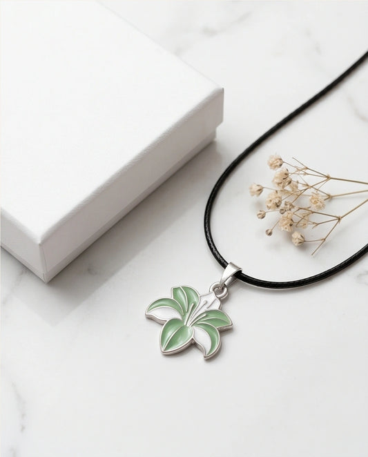 Elegant Green and White Lily Enamel Pendant Necklace
