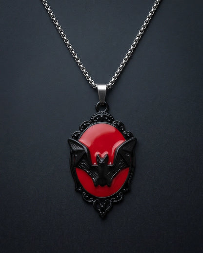 Black Gothic Bat Red Enamel Medallion Chain Necklace