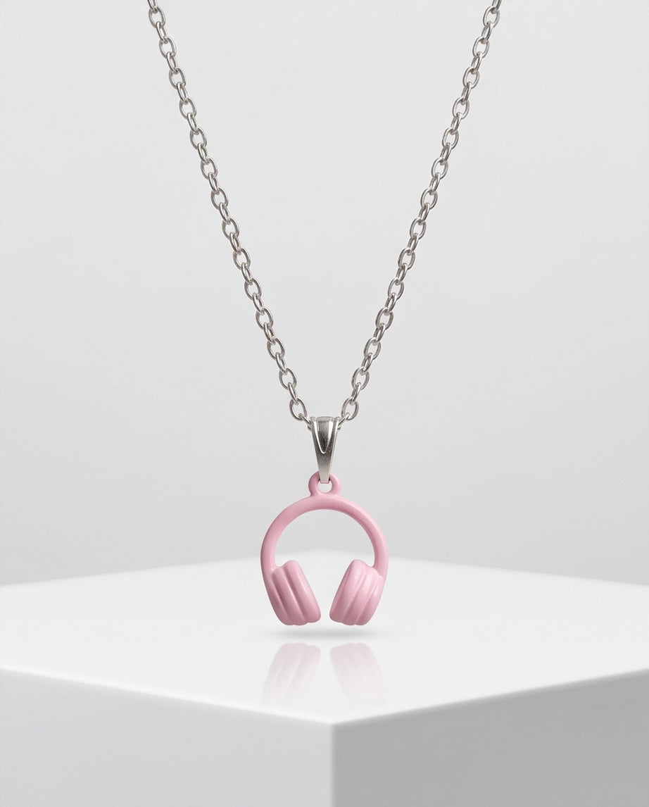 Pastel Pink Headphones Enamel Pendant Necklace