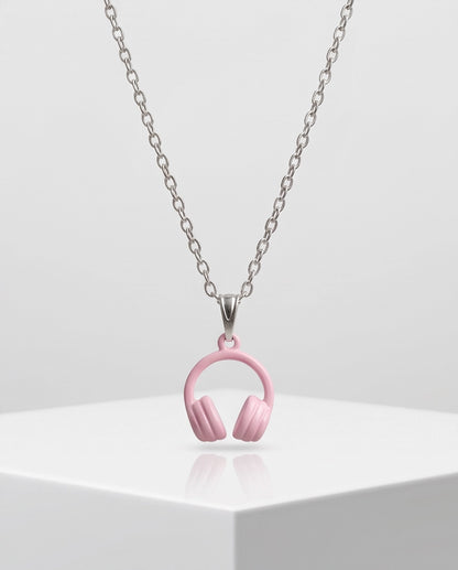 Pastel Pink Headphones Enamel Pendant Necklace