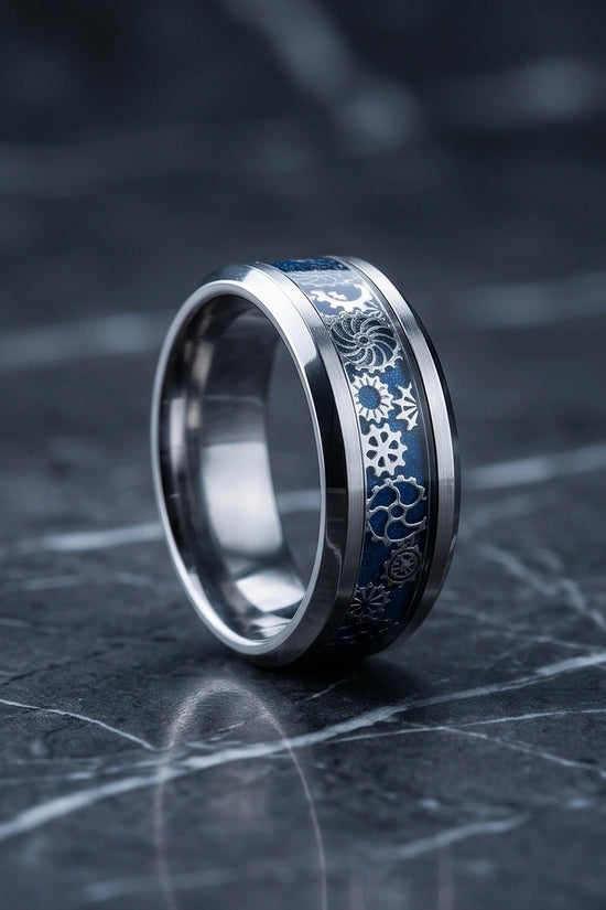 Industrial Steampunk Blue Gear Band Ring