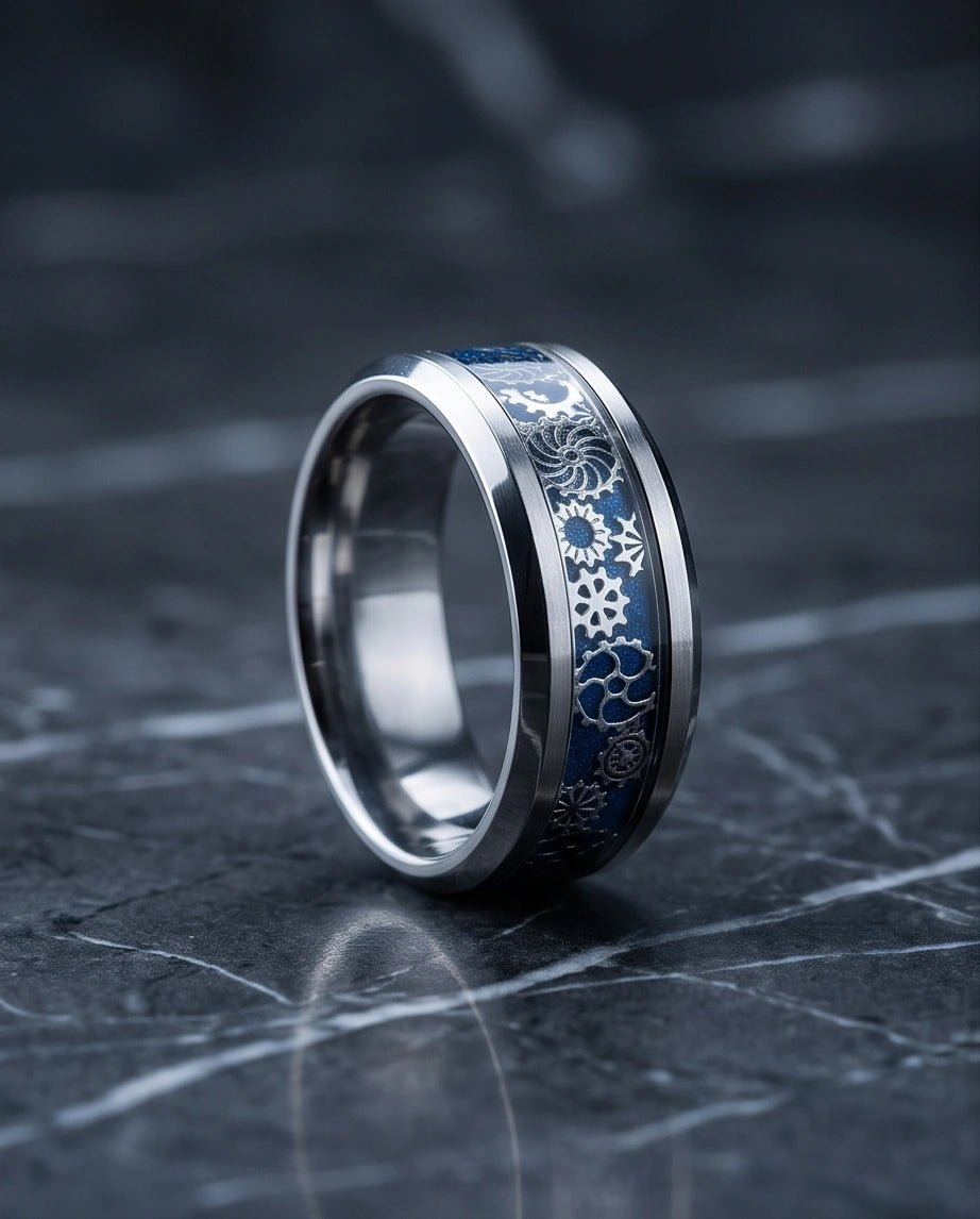 Industrial Steampunk Blue Gear Band Ring