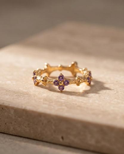 Gold Textured Floral Purple Gemstone Eternity Ring