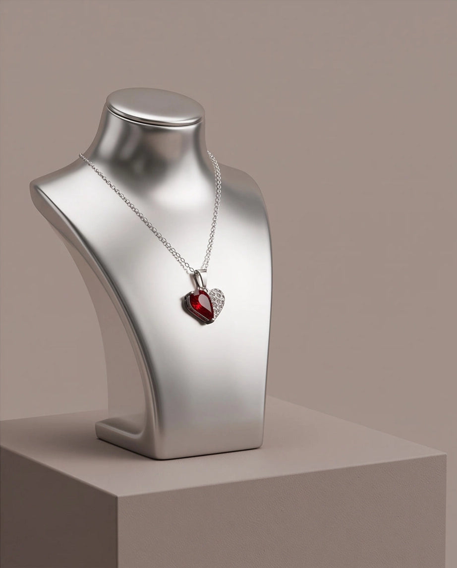 Silver Ruby Heart Pavé Pendant Necklace