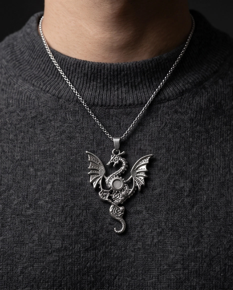 Silver Steampunk Dragon Gear Pendant Necklace