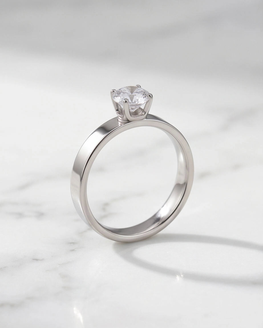 Silver Round Gemstone Crown Band Solitaire Ring