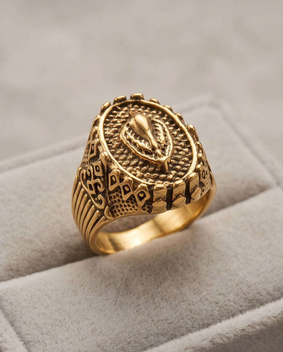 Sculptured Emblem Oval Gold Signet Ring