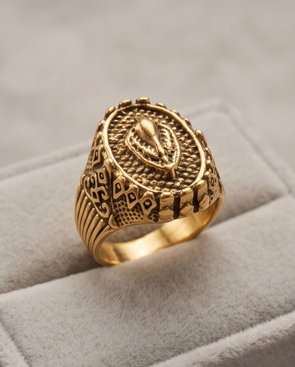 Sculptured Emblem Oval Gold Signet Ring