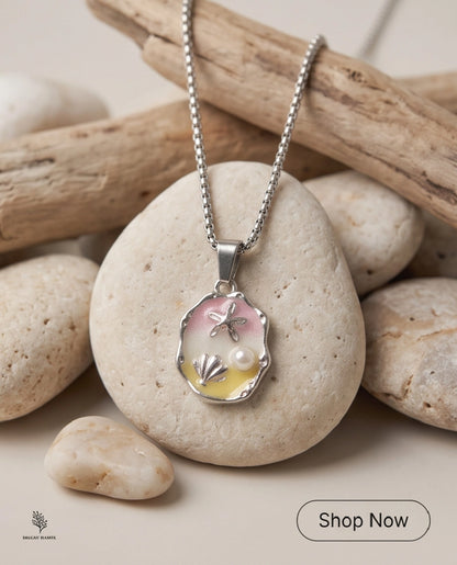 Silver Seashell Starfish Pearl Enamel Medallion Chain Necklace