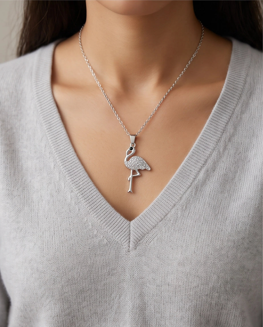 Silver Crystal Paved Flamingo Pendant Necklace
