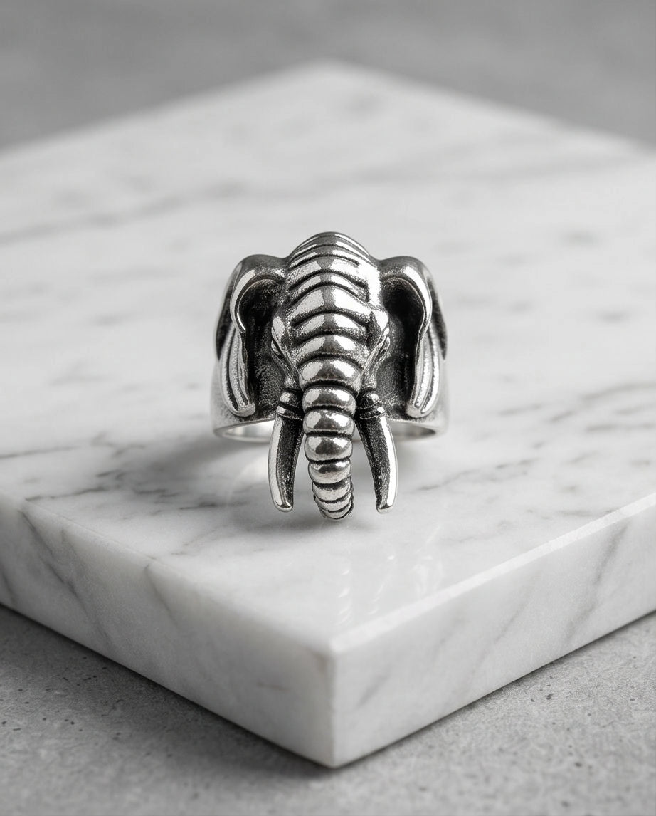 Oxidized Silver Sculpted Elephant Signet Ring