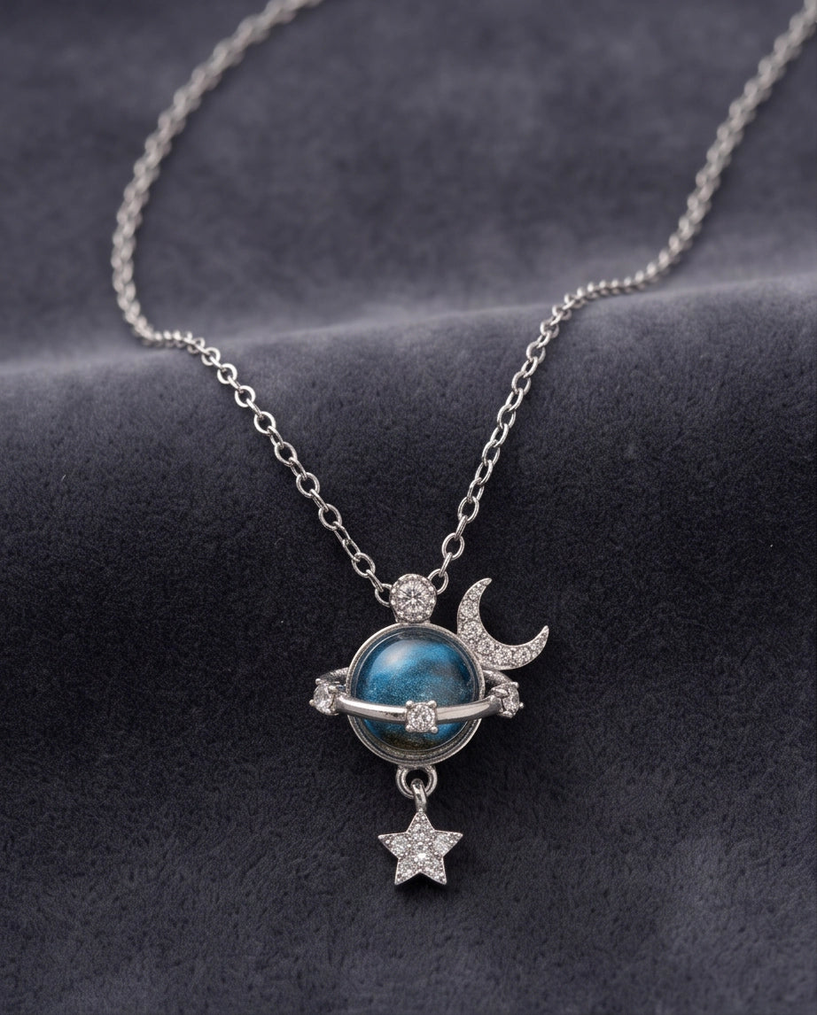 Silver Cosmic Planet Crescent Moon & Star Dangle Pendant Necklace