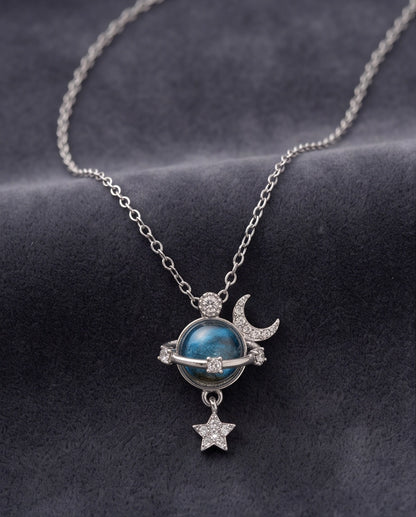 Silver Cosmic Planet Crescent Moon & Star Dangle Pendant Necklace
