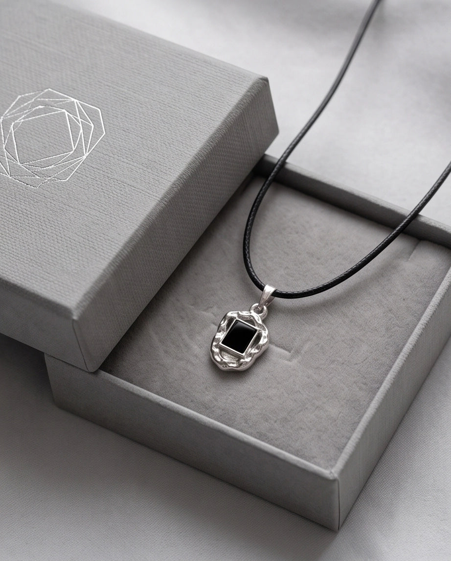 Liquid Metal Rectangular Black Gemstone Necklace