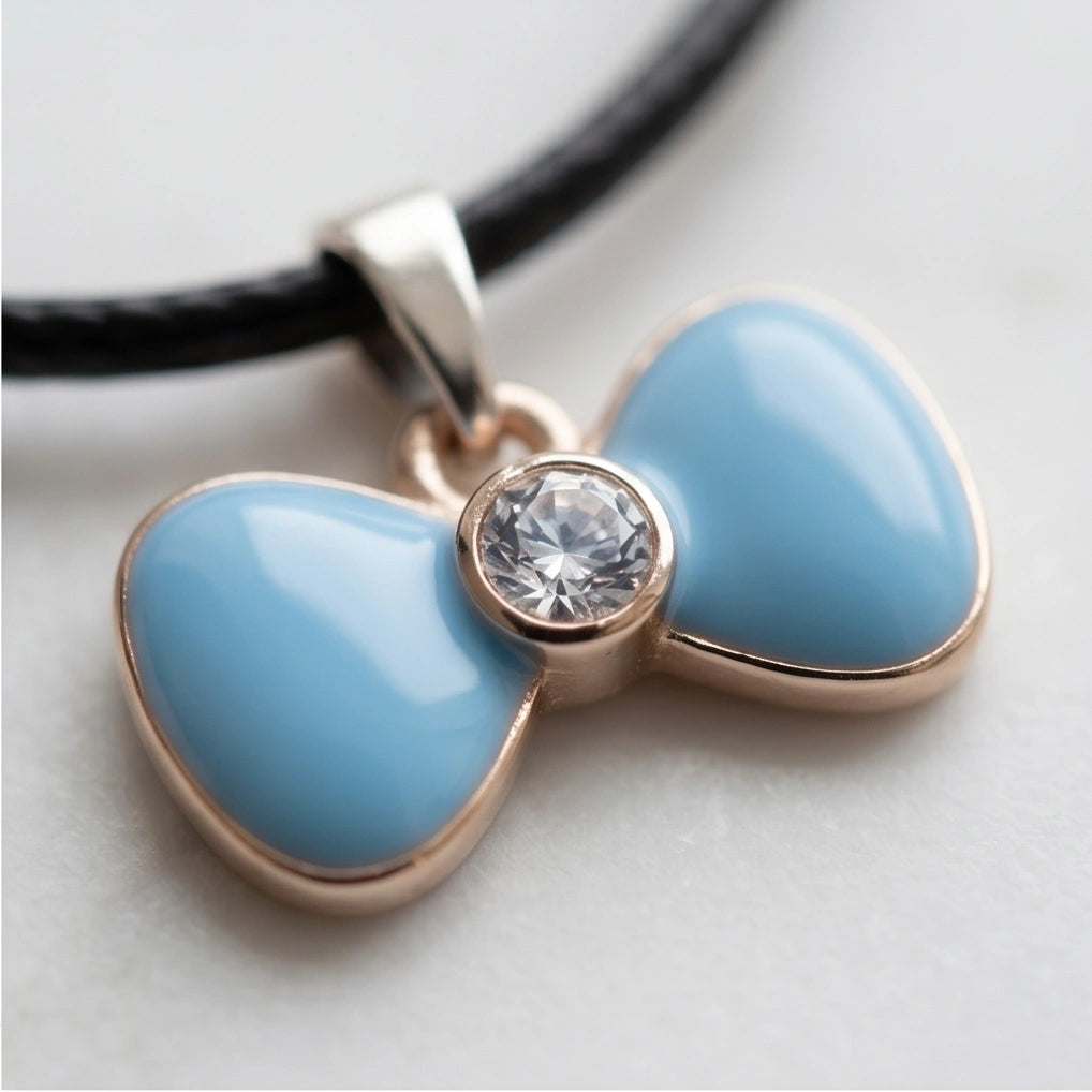 Gold and Pastel Blue Bow Ribbon Necklace